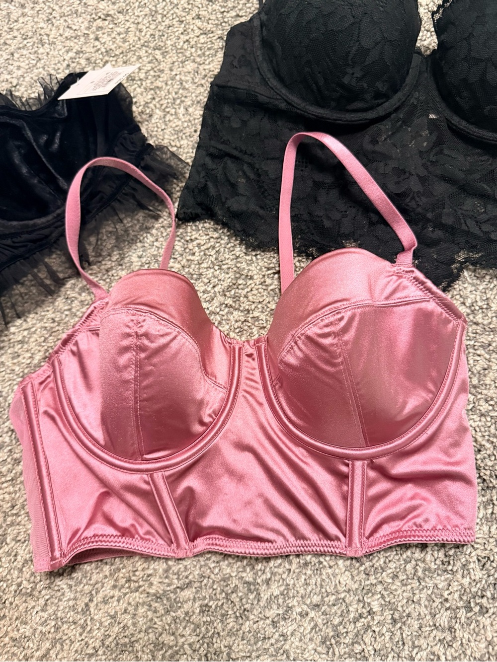 Auden Pink Satin, Black Velvet, and Black Lace Bustier Bras - Picture 4 of 12